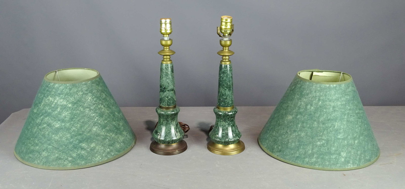 Pair of Jade Style Lamps: Pair of Jade style lamps with shades. 16" Ht..