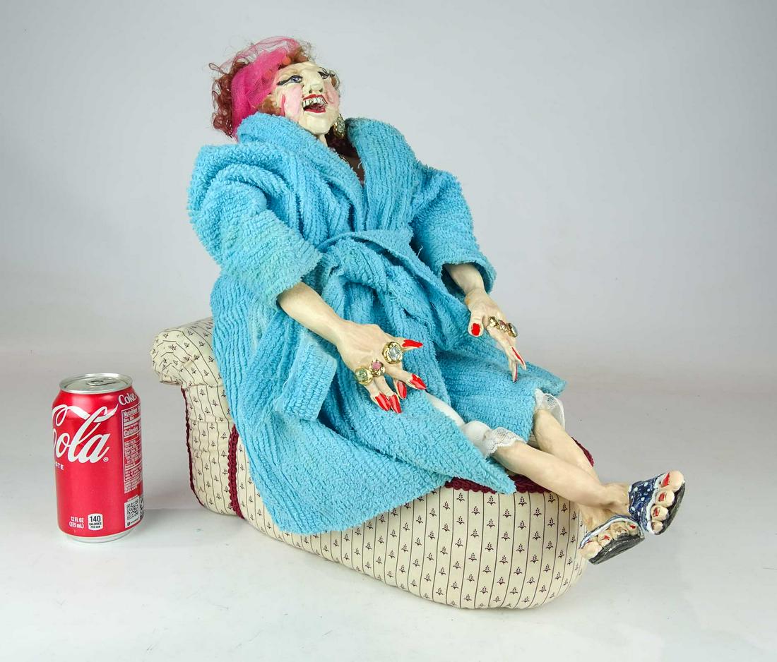 Sculpture by Ziggy Coyle: Whimsical ceramic clay sculpture of a woman in cloth robe. Identified verso: DMZ Coyle C. 1991 #0025. One hand re glued.