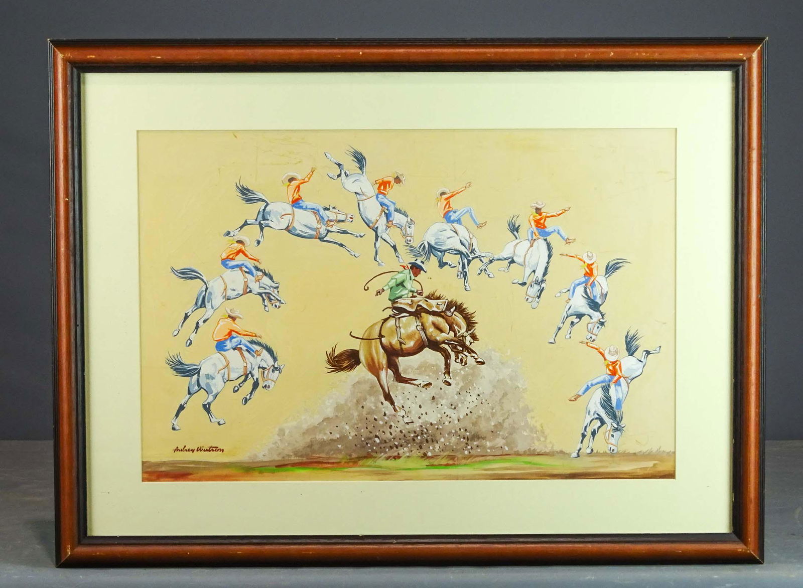 Rodeo Bronco Riding Artwork: Original illustration art of cowboy bronco rodeo riders on bucking horses in various positions. Gouache or acrylic on illustration board. Signed lower left Aubrey Winston. Sight 13" x 19 1/4". Overall
