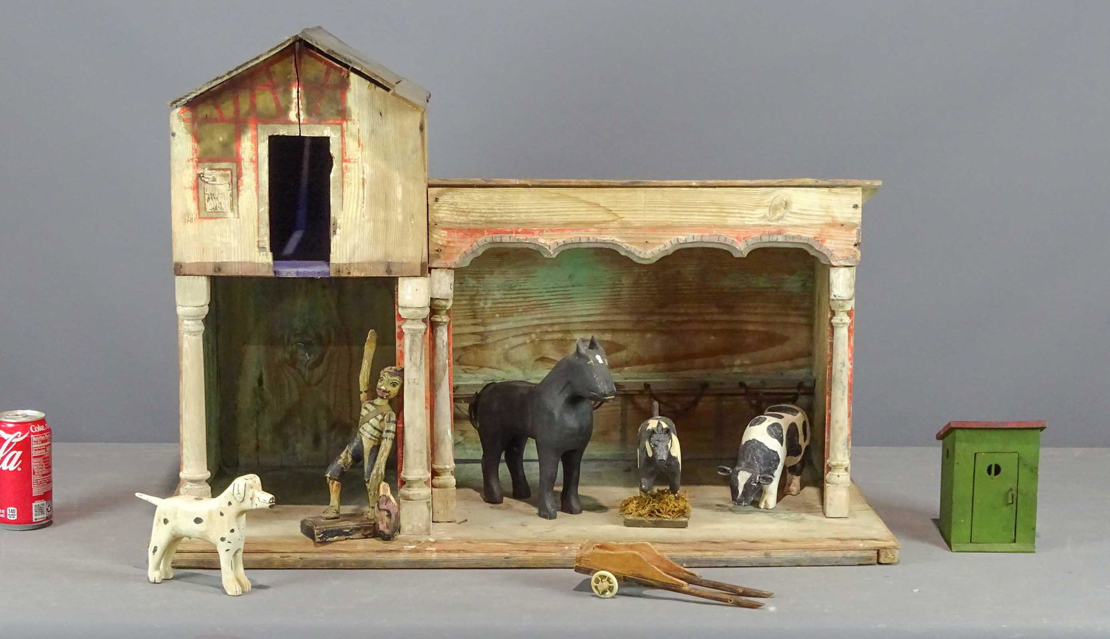 Folk Art Barn: Folk art wooden barn with outhouse and animals. Barn 30 1/2" x 14" x 22".