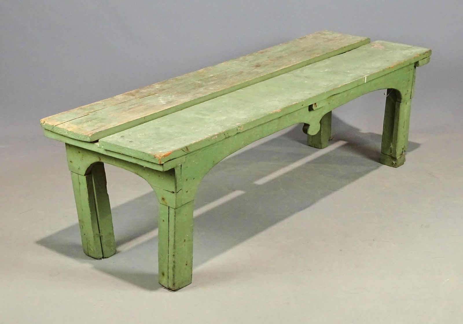 Primitive Bench: Early primitive bench in green paint. 48" x 16" x 16".