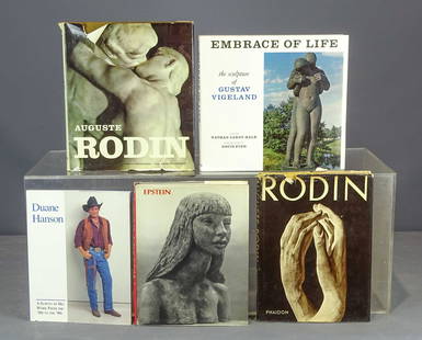 Sculpture Reference Books: Group of books on sculpture art. Include Hale, Sculpture of Gustav Vigeland; Buckle, Jacob Epstein. Plus 2 on Auguste Rodin and one on Duane Hanson.