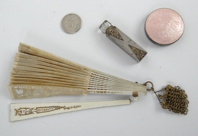 Misc. Lot: Misc. lot including early fan (damaged), pill box and perfume.