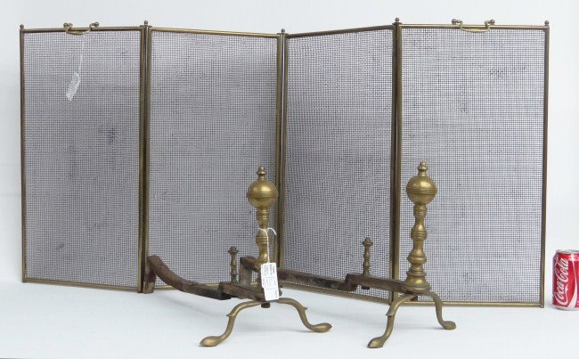 Fireplace Lot: Lot including pr. 19th c. andirons (13" Ht.) and firescreen.