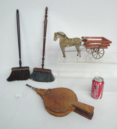 Woodenware Lot: Lot four pieces including early horse and cart toy (13 1/2" Length), bellows and two brooms.