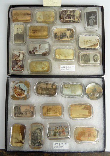 Paperweight Collection: Lot (24) 19th/20th c. paperweights. Mostly photo examples, including Kingston N.Y., Washington D.C., Pope Leo, Sandwich Mass. etc.
