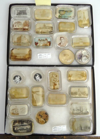 Paperweight Collection: Collection (27) 19th/20th c. paperweights mostly photo examples including Westminster Academy, Friars Club for Johnny Carson, Ash Grove M.E. Church. Also including Niagara Falls, The Babock Printing P
