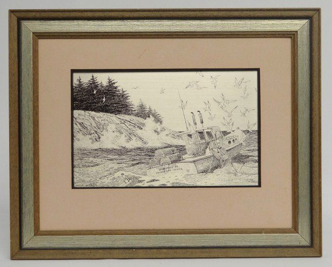 Jamie Wyeth Etching: Jamie Wyeth etching "Coast Of Maine" on sterling silver. Has Franklin Mint label on back. Site 7 1/2" x 12".