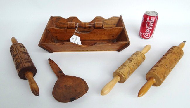 Woodenware: Lot misc. woodenware including knife box, rolling pins and butter worker.