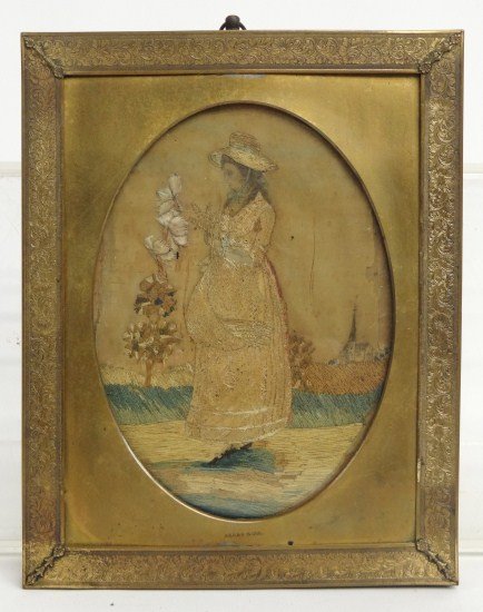 19th c. Silkwork: 19th c. silkwork woman with flowers (some damage), in brass framed marked "Mead & Bro". Silkwork 7 1/2" x 5 1/4", 10" x 8" Overall.