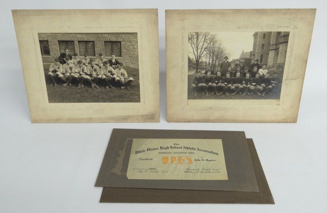 Early Sports Photos: Lot two early baseball and football photos. (images 7 1/2" x 9 3/4"each ) along with a 1916 White Plains High School award to John H. Rogers.