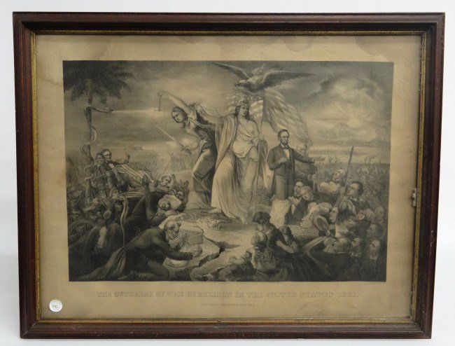 19th c. Lady Liberty Print: 19th c. Civil War era Lady Liberty/Lincoln print "The Outbreak Of The Revolution In The United States 1861". Sight 22" x 28 1/2".