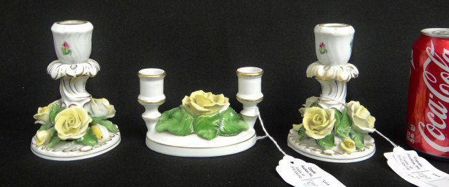 Hungarian Porcelain Candlesticks: Candlestick lot (pair and single) signed "Herand Hungary". 3" and 5 1/2" Ht.