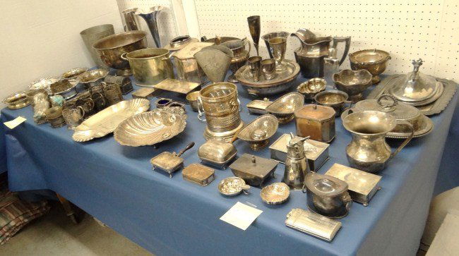 Silverplate Lot: Lot over (60) pcs. various silverplate including coasters, bowls, vases, boxes, reclining Asia figures etc.