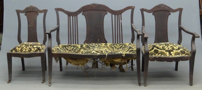 C. 1900 Settee And Chairs: C. 1900 inlaid settee and chairs. As found.