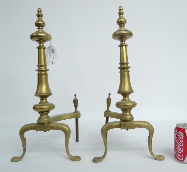 Pair Andirons: Pair brass andirons. 22 1/2" Ht.