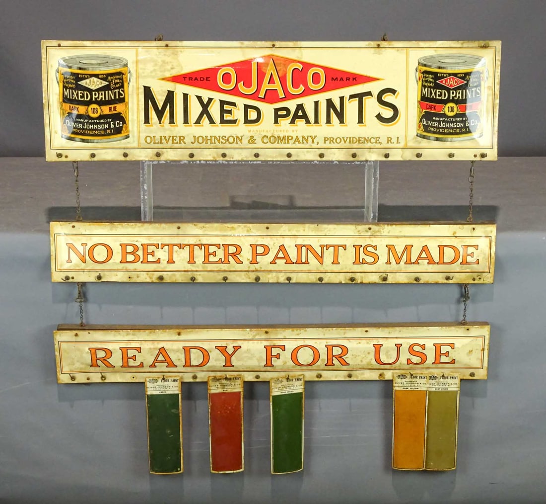 Paint Sign: Triple "OJACO" paint sign. 36" W., 36" Ht.. (Oliver Johnson & Co., Providence Rhode Island).