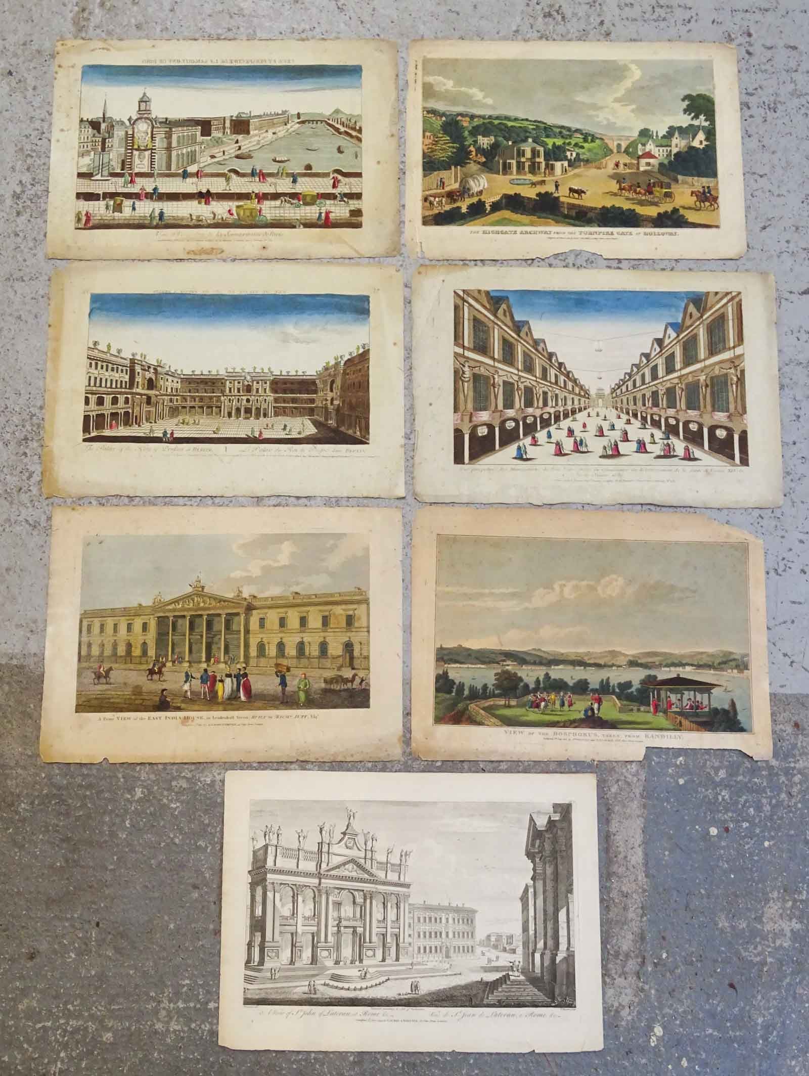 Antique View Prints Group (7): View of St. John of Lateran, at Rome, after Piranesi. Published by Laurie & Whittle, London, 1794. With additional vue d'optique published in London or Paris. Short tears, marginal chips on some noted