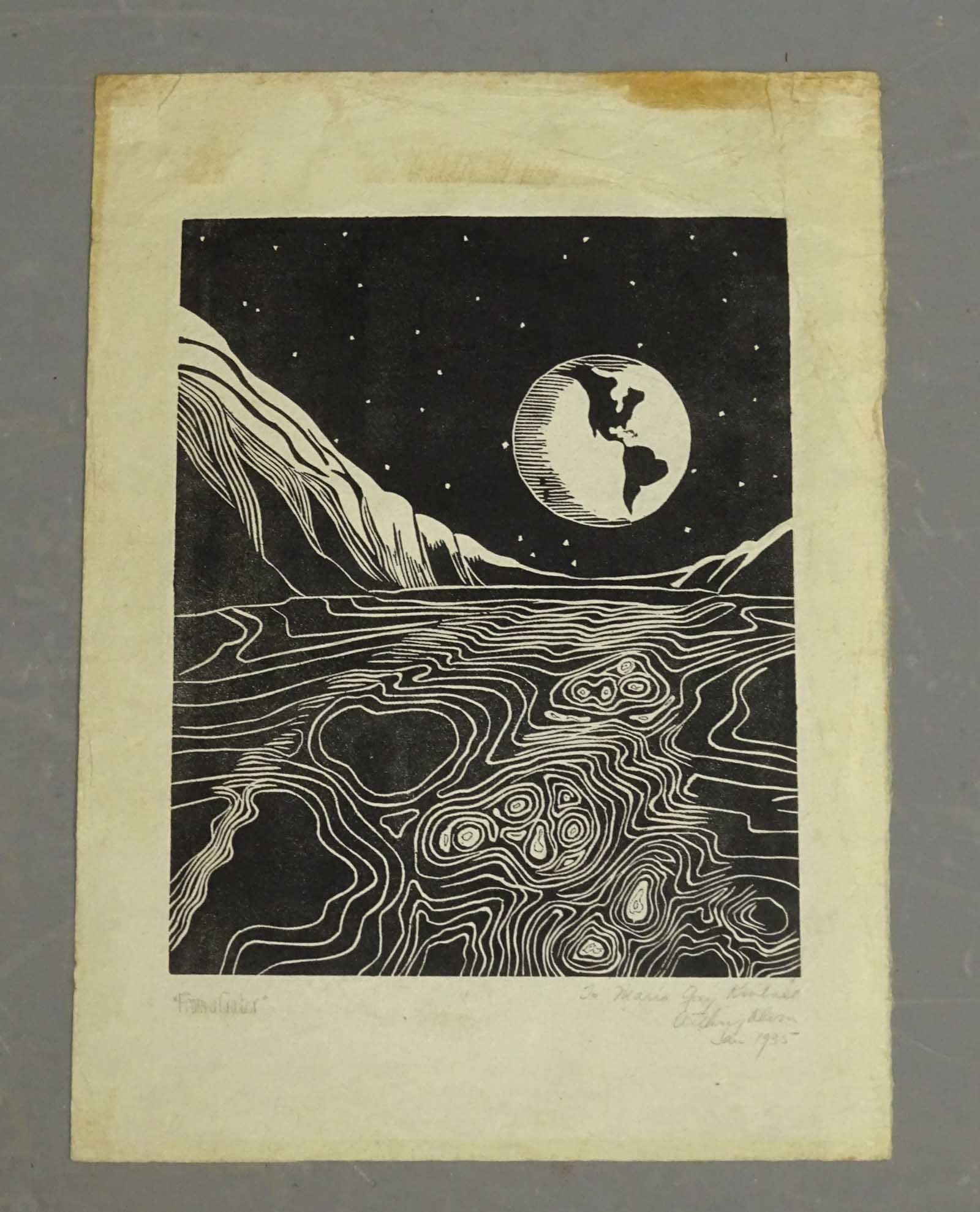 Earth from Moon Signed Print: From a Crater. Woodblock print. Showing the earth in space from the surface of the moon. Dedicated and signed by the artist, and dated 1935 lower right. Art Deco period modern art.