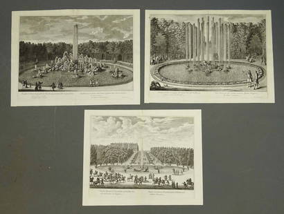 Versailles Gardens Antique Prints (3): Group of 3 early prospect architecture views of Palace of Versailles gardens and fountains. Paris, Last Quarter, 17th Century. Israel Silvestre (French, 1621-1691). Jean Le Pautre (French, 1618-1682).