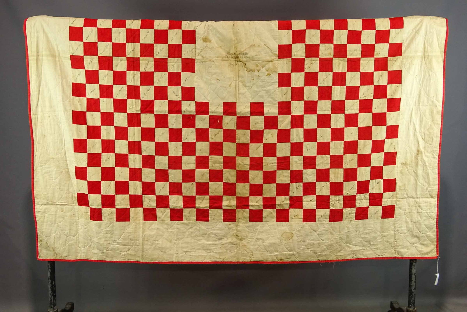19th c. Signatures Quilt: 19th c. red and white Signatures quilt. 78" x 78". As found.