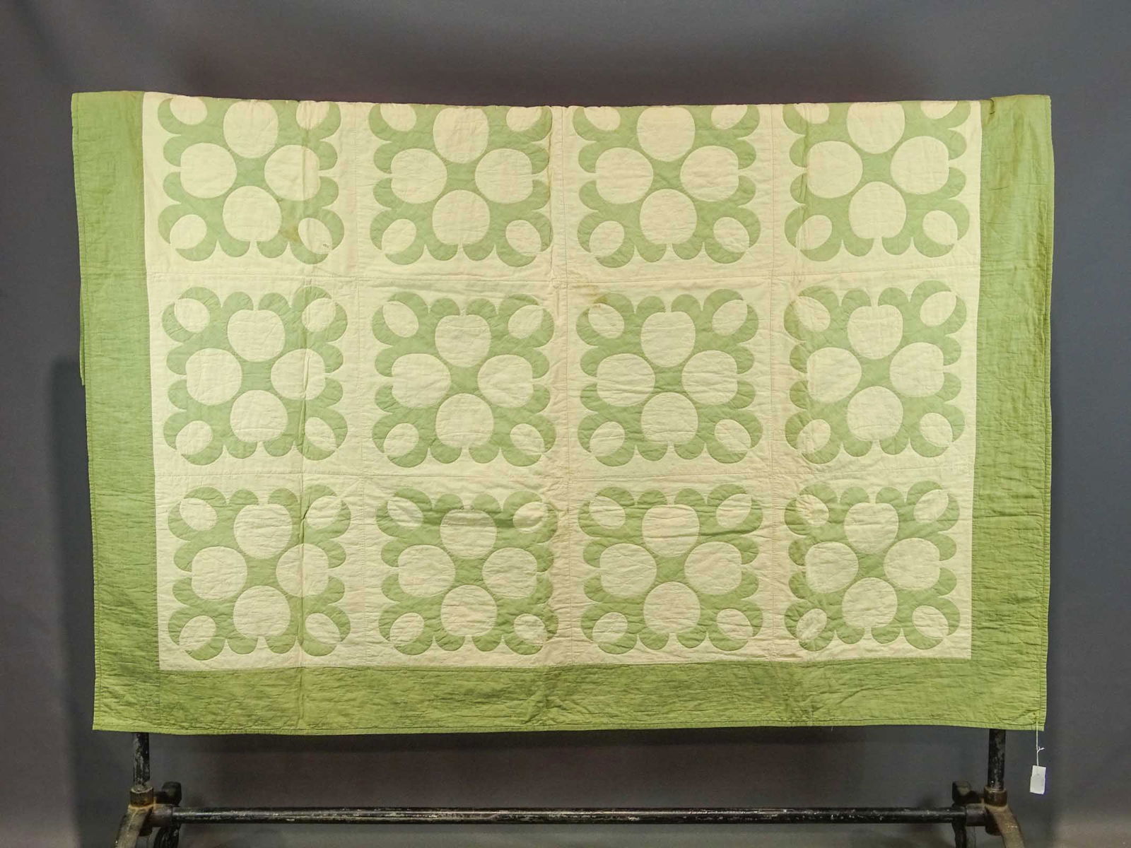 Green and White Applique Quilt: C. 1930-40 Green and White applique quilt. 75" x 78".