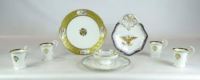 Biltmore Hotel China Lot: Lot including (4) German Biltmore hotel coffee cups, 4 1/2" Ht., porcelain plate with eagle (9" x 8"), Nippon 10 1/2" plate, Nippon server (9" D.).