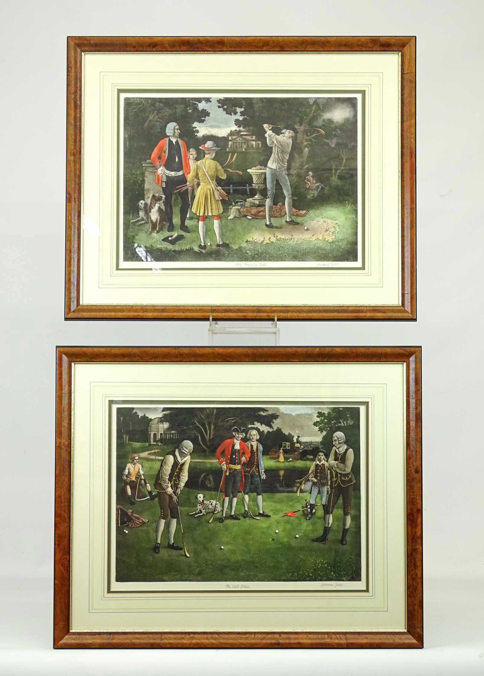 Golf Prints: Two framed signed and numbered Golf prints. "The Practice Shot" and "The Last Green", Lawrence Josset. Sight 13" x 18", overall 21" x 26".