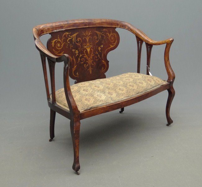 Inlaid Settee: C. 1900's inlaid settee. 43 1/2" W.