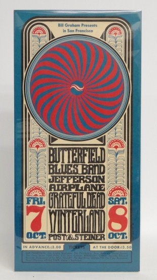 Rock Concert Poster: C. 1966 Butterfield Blues Band, Jefferson Airplane and Grateful Dead, Bill Graham Presents at the Fillmore West in San Francisco, Oct. 7-8 1966, art by Wes Wilson. Second printing. 11 7/8" x 24 5/16".