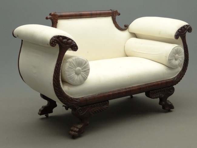 Federal Style Settee: 19th c. Federal style settee with double eagle head crest, cornucopia carving on arms and paw feet. 58" Length.