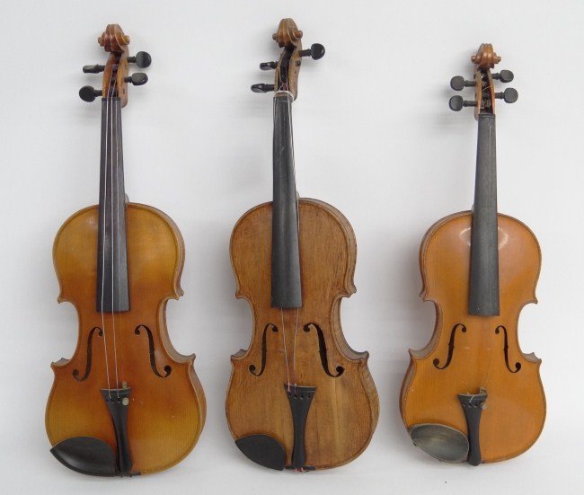 Violin Lot: Lot three early violins, labels include "Anno 1756 Carlo Bergonzi", two others marked Germany.