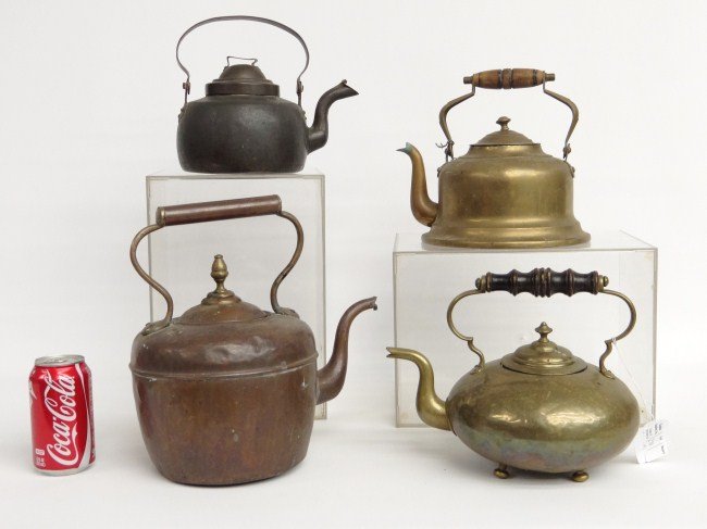 Teapot Lot: Lot four early brass and copper teapots.