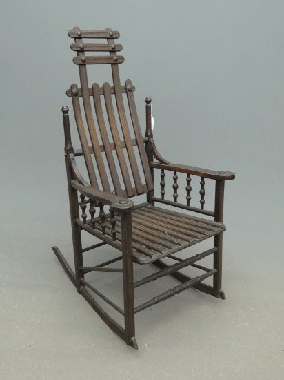 Slat Rocking Chair: Early 20th c. adjustable back slat rocker. 17" Seat Ht. 44" Overall Ht.