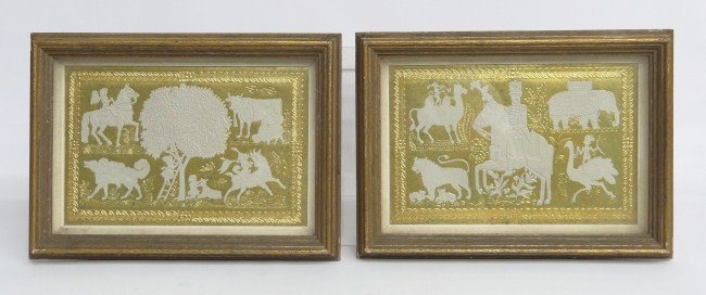 Pressed Paper Prints: Pair vintage pressed paper prints, each having variety figures including Indian on ostrich, man on horseback, lioness and cubs, monkey on camel, children playing on tree etc. Sights 7 1/2" x 11 1/2".