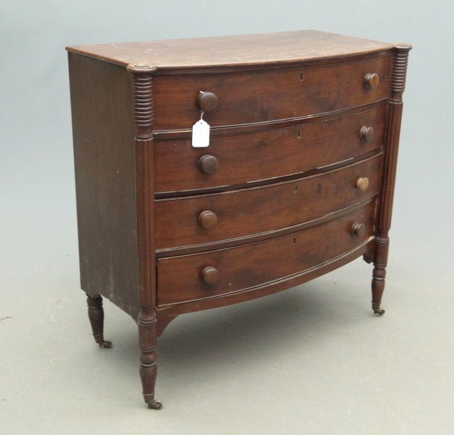 19th c. Sheraton Bowfront Chest: 19th c. Sheraton mahogany bowfront chest drawers. As found. 39" W 18 1/2" D 37 1/2" Ht.