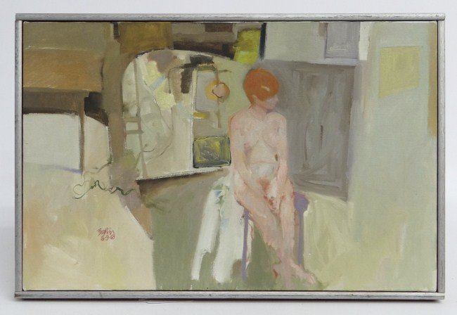 Painting Robert Baxter: Painting oil on canvas nude woman in bedroom signed and dated "Baxter 8-9-69". (Robert Baxter N.Y./Ct. 20/21st Centuries. Sight 13" x 20".