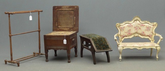 Lot: Lot including towel rack, vintage doll's settee, oak commode and shoeshine box.