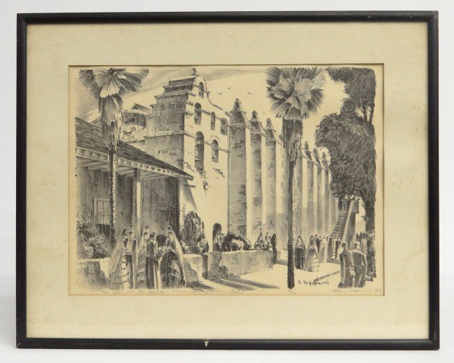 Arthur Beaumont Print: Signed and dated "Arthur Beaumont 1953" print "The Bells Of San Gabriel....". Site 11" x 15 1/2".