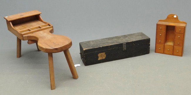 Primitive Lot: Primitive lot including hanging spice chest, cobblers table and early painted trunk.