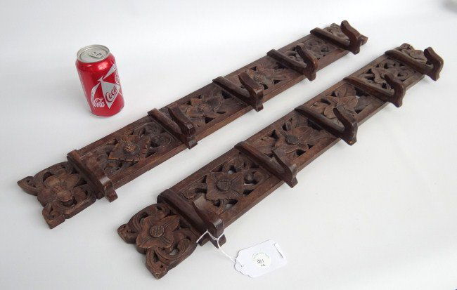 Hook Racks: Pair carved wooden hook racks. 32" Length.