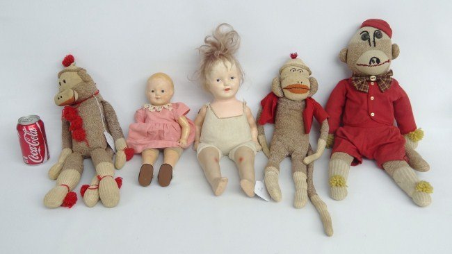Doll Lot: Doll lot including three monkey sock dolls, composition Effanbee (14 1/2" Ht.) and unmarked composition doll.