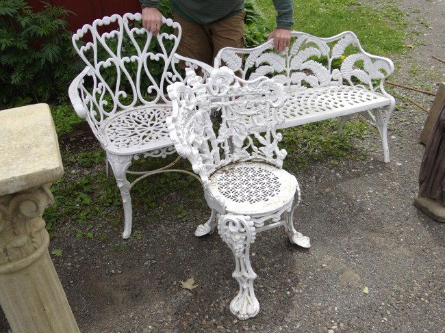 Garden Furniture: Lot including fern bench, aluminum chair and cast iron chair.