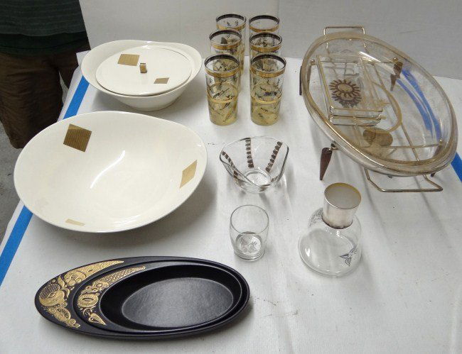 Mid Century Lot: Lot including Georges Briard dish and bowl along with six glasses (with orig. rubberized holders), platters etc.