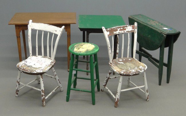 Furniture Lot: Lot including as found 18th c. tavern table, sewing table, stool, green stool, green painted table, two Windsor chairs etc.