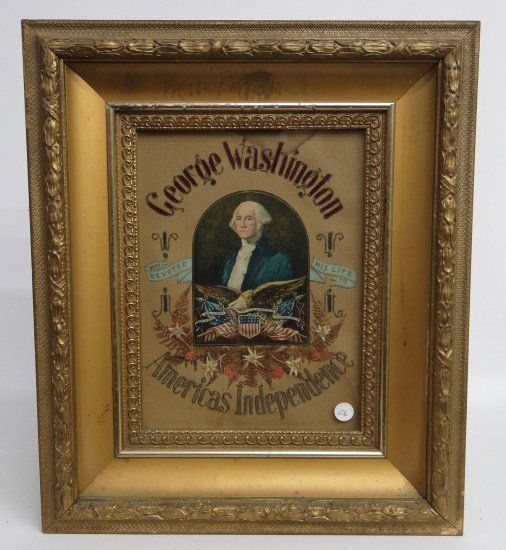George Washington Needlework: 19th c. George Washington patriotic needlework. Sight 11 1/2" x 15 1/2".