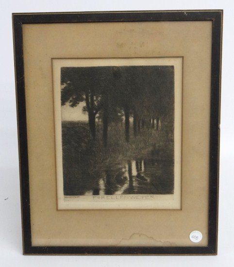 Etching Franz Stuck "Forellenweiher": 19th c. etching "Forellenweiher" signed Franz Stuck (German 1863-1928). Sight 12" x 10".