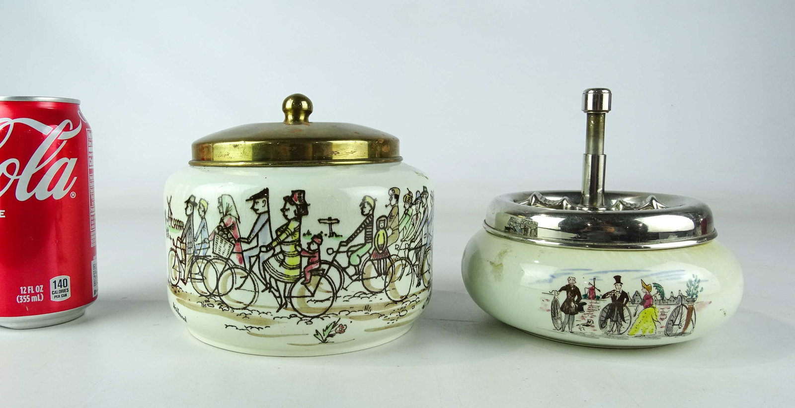 Misc. Lot: Lot including ceramic ashtray with cyclists and brass lid bowl. Good condition.