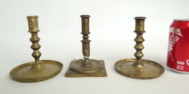 Candlestick Lot: Lot three 18th c. brass candlesticks. 5" to 6" Ht.