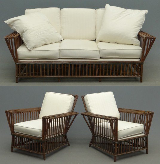 Rattan Set: Vintage three piece rattan set with cushions. Includes two chairs and settee, 69" W.
